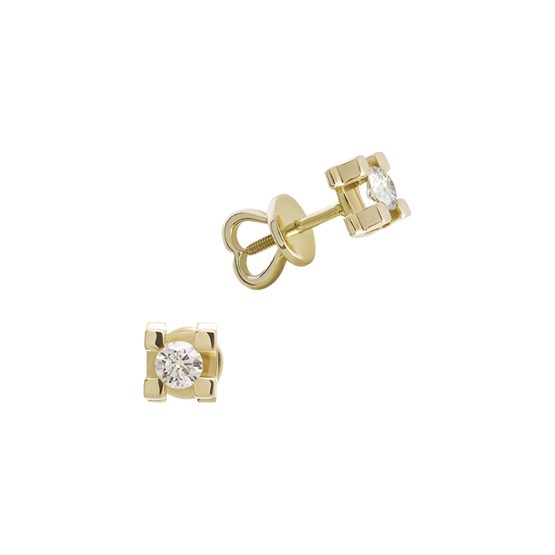 Пусеты из желтого золота с бриллиантами в большом квадрате